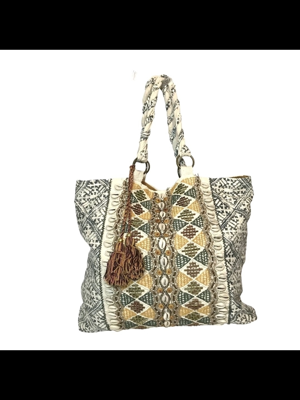 Boho Embroidered Tassel Tote Bag in Cream & Mustard Cotton Wool Handmade India